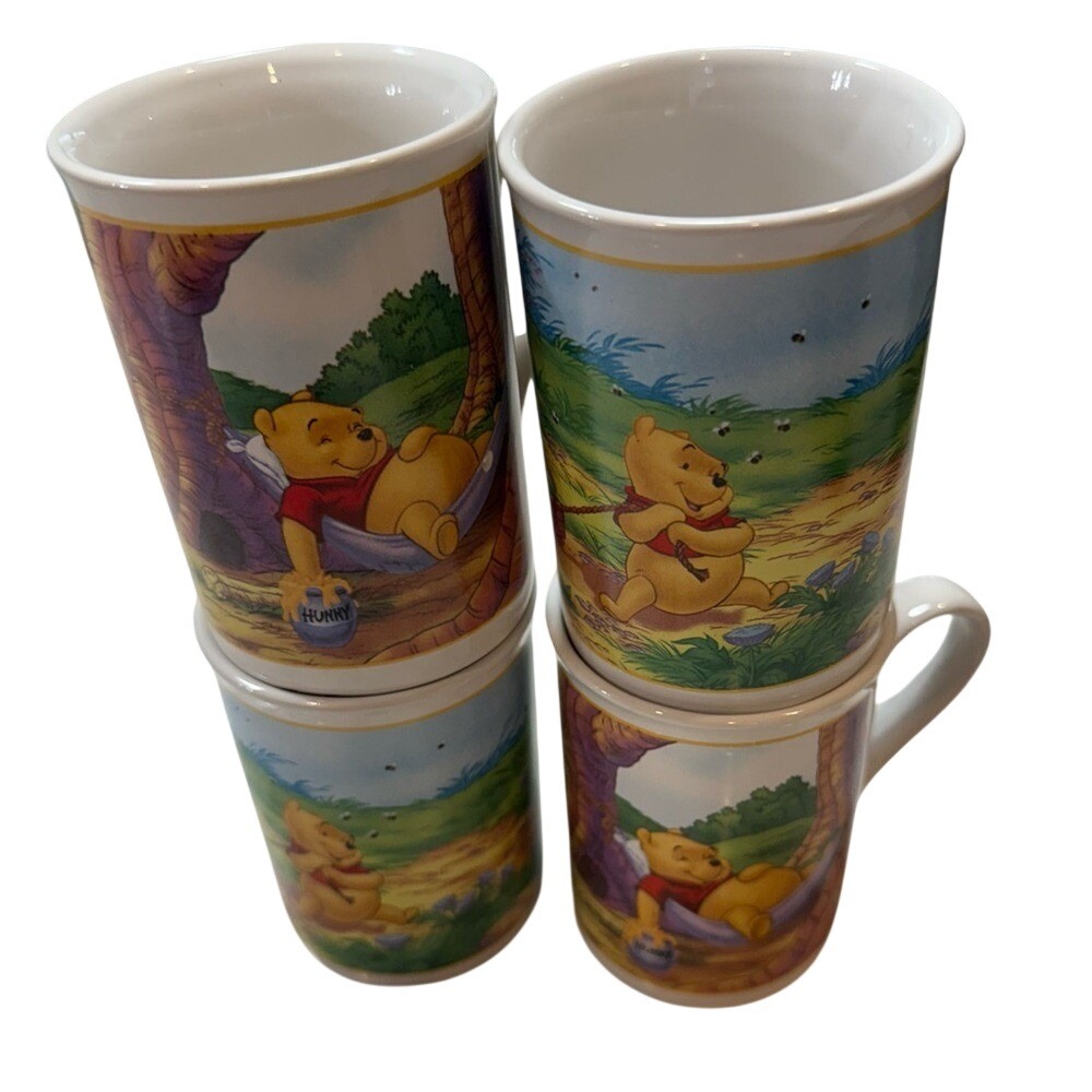 Vintage 90s Winnie the Pooh four piece Ceramic coffee Mugs Set Y2K graphic